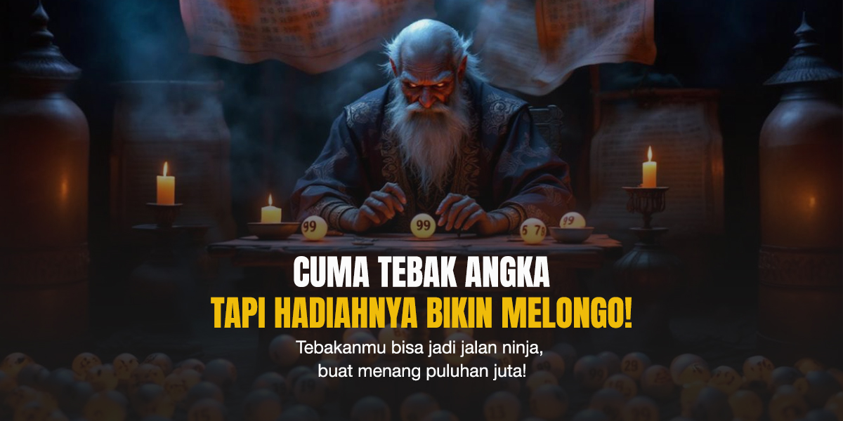 Seorang pria tua bijaksana duduk di meja dengan bola angka dan lilin di sekelilingnya, menggambarkan suasana permainan togel online yang penuh misteri dan peluang.